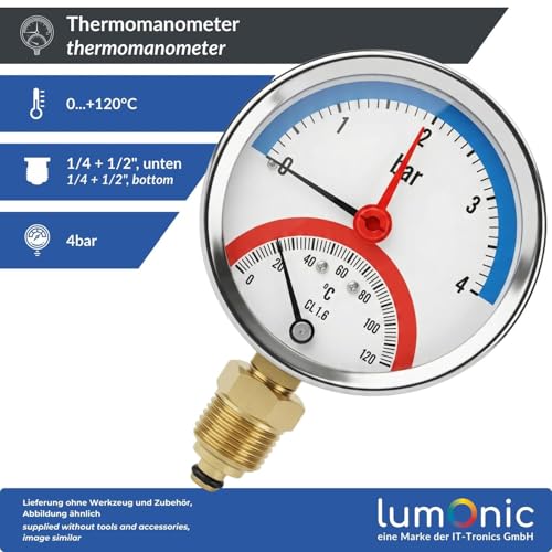 Lumonic Thermomanometer 4 bar 0-120 °C | 1/4 + 1/2 inch (adapter) | connection bottom | diameter 80 mm, large scale | heating pressure gauge | metal housing 80 mm, bottom 0-4bar