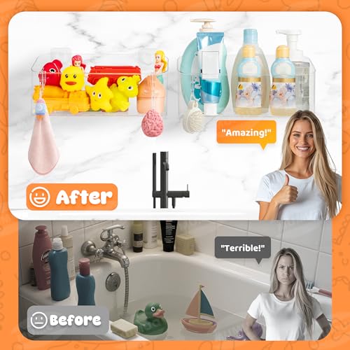 MUMUQ bath toy storage shower caddies, 2-pack clear adhesive rectangular organizers for baby and toddler bathroom use
