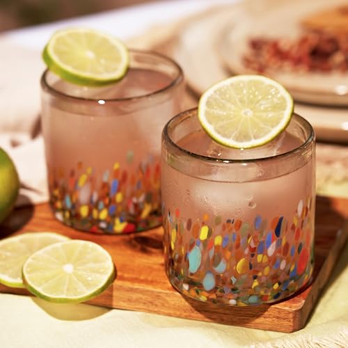 Twine Segunda Vida Artistico 100% Recycled Glassware Tumblers, Hand Blown Cocktail Glasses for Dinner Party, Icon Glasses Gifts, Stemless Margarita Mexican Glassware, Set of 2, 13 oz, Multicolor
