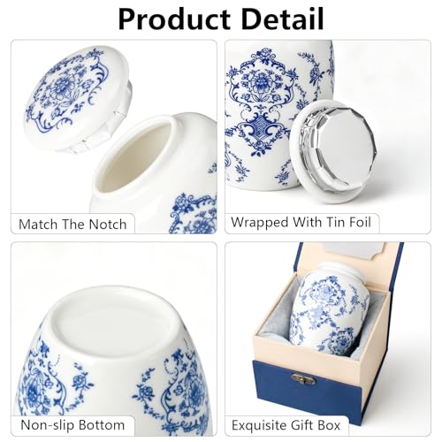 Small Urn for Human Ashes - Blue and White Ceramic Keepsake Cremation Urns, Chinoiserie Urn with Exquisite Box for Women Men Pet(Up to 20 Cubic Inches) L & 3.14"L x 3.14"W x 4.3"H
