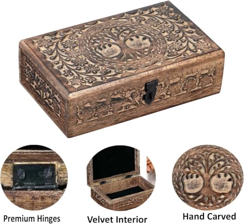 Wooden Jewelery Box Decorative Box with Life of Tree Carving - Antique Design for Sister Birthday Gifts, Jewelry Organizer Gifts For Women Birthday Unique, wooden Handmade love Gift (10 x 6 Inch) Antique - 10 x 6 Inch