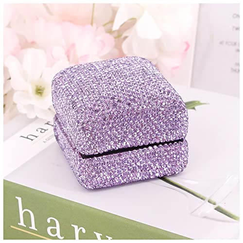 Naimo Luxury Rhinestone Engagement Ring Box Velvet Ring Case Display Organizer Storage LED Light Jewelry Gift Box for Proposal Wedding Anniversary Birthday Purple