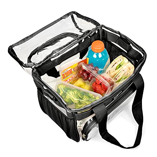 SMARTY Work Approved XL Heavy Duty Clear Lunch Box Shoulder Tote Bag Durable Transparent Security Check Men Women Travel Correctional Officers - Not Stadium Size (Extra Large Bold Black, 13 x 7 x 12)