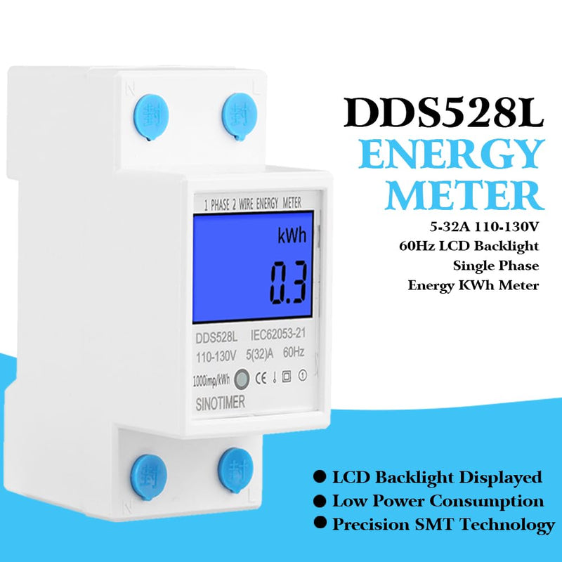 [Australia - AusPower] - Single Phase Energy Meter Electric Meter LCD KWH Meter 110-130V 5-32A 60Hz DIN-Rail Power Meter Backlight Electricity Power Consumption Wattmeter 