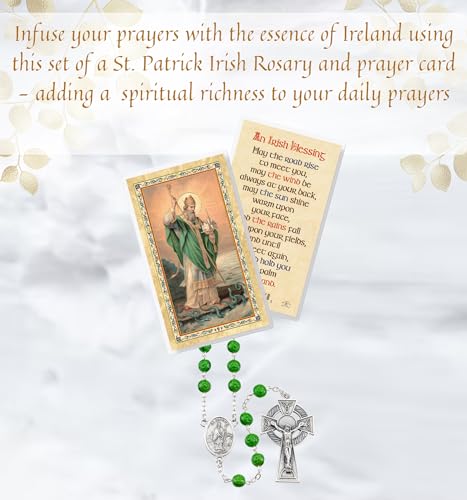 St Patrick Irish Rosary - Laminated St Patrick Prayer Card - Made In Italy Green Saint Patrick Rosary - Shamrock St Patrick Rosary Beads Catholic Patron Saint of Ireland Themed Set - 2 Items