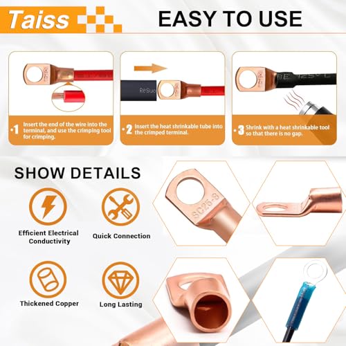 Taiss 110 pieces copper cable lugs set, shrink tube set, ring cable lugs, 6 mm², 10 mm², 16 mm², 25 mm², 35 mm², copper cable lugs, M6, M8, M10 with heat shrink tubes for car battery cable distribution boxes