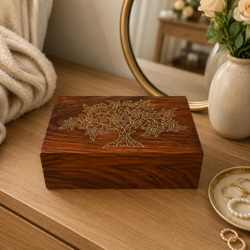 collectiblesBuy Handmade Wooden Box Hinged Lid Brown keepsake Unfinished Jewelry and DIY Crafts Storage Box for Women Jewel Organizer Golden Floral Print Decorative Wood Stash Boxes Walnut Finish