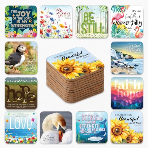 Christian Coasters with Scripture, Set of 12 Cork Coasters, 9.5cm Square