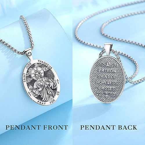925 Sterling Silver San Judas Tadeo Medal Necklace for Women Men, Vintage Saint Jude Thaddeus Amulet Pendant Christian Catholic Jewelry Religious Gifts, 24"+20"
