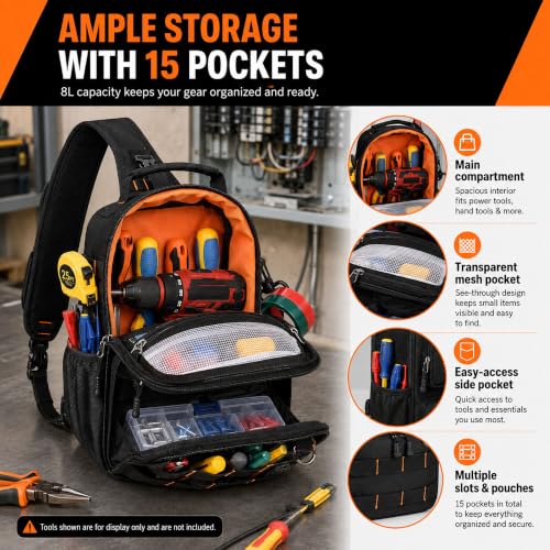 YJQ black tactical tool bag in waterproof Oxford fabric with 3-point harness and MOLLE webbing