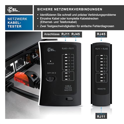 CSL - Network Tester - Network Cable Tester - for RJ45 and RJ11/12 (25)/14 Cable - Patch Cable Tester - LAN Network Cable Tester - 2 Speeds - Test LEDs for Precise Testing