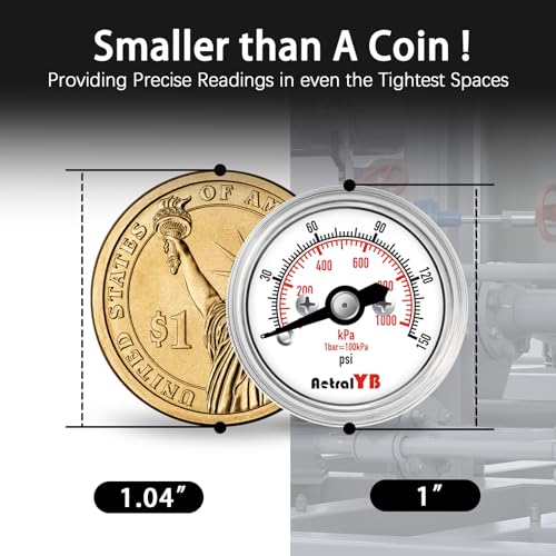 AetralYB mini 1-inch pressure gauge, 0-150 PSI/KPa, stainless steel case with 1/8 NPT back mount