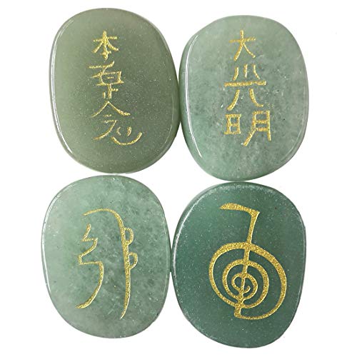 Green Aventurine Reiki Symbol Engraved Healing Crystal Stones Set of 4 | Gold Carved Chakra Palm Stones for Meditation Energy Gift, 25mm Green Aventurine