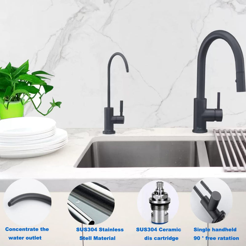 Black Drinking Water Faucet, Non-Air-Gap Beverage Faucet for Kitchen Sink | 360° Rotation Spout RO Faucet, SUS304 Stainless Steel Pure Water Filter Faucet for Reverse Osmosis Water Purify System Matte Black