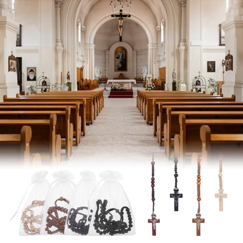 Wooden Rosary Beads Bulk,Wood Rosarios Catolicos with Jesus Holy Cross,First Communion Rosary Bulk Wooden Rosaries in Bulk With Organza Bags Rosary Catholic Baptism Church Present for Men Women 24 pcs