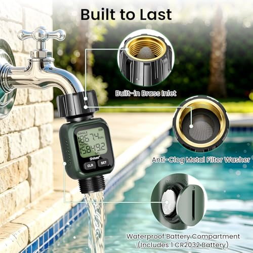 Water Flow Meter, ±5% Accuracy, Built-in Brass Inlet, 4 Measurement Modes, US Gallon/Liter Consumption & Flow Rate for Garden Hose, Lawn Sprinkler, Caravan Water Tank Filling, Spray Nozzle