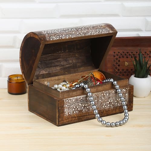 Ajuny Wooden Keepsake Jewelry Box Floral Pattern Storage Chest 9x6 Inch White Flower