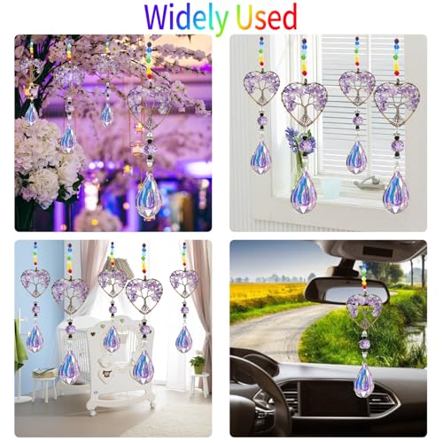 Amethyst Sun Catchers for Windows, Tree of Life Natural Chakra Healing Crystal Stone Spiritual Gifts for Adult Women, Novelty Natural Quartz Gemstone Pendant Rainbow Maker Suncatcher for Ladies Girls Amethyst