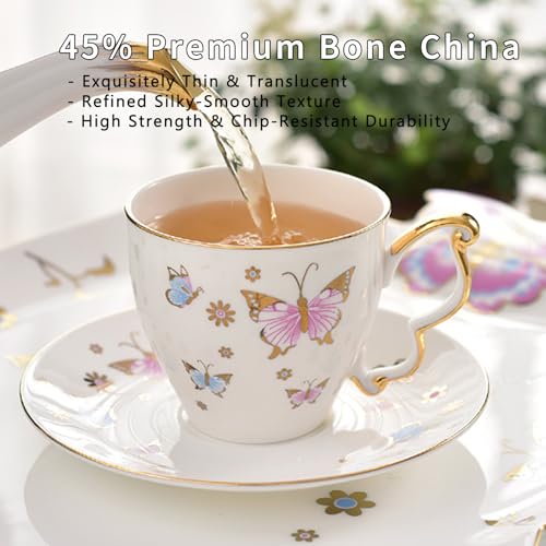 Butterfly Cup and Saucer Set, Bone China Tea Cup and Saucer with Spoon, Porcelain Coffee Mug with Gold Trim, Dishwasher Safe, Gift for Women, Mom, Friends, 6.8 oz