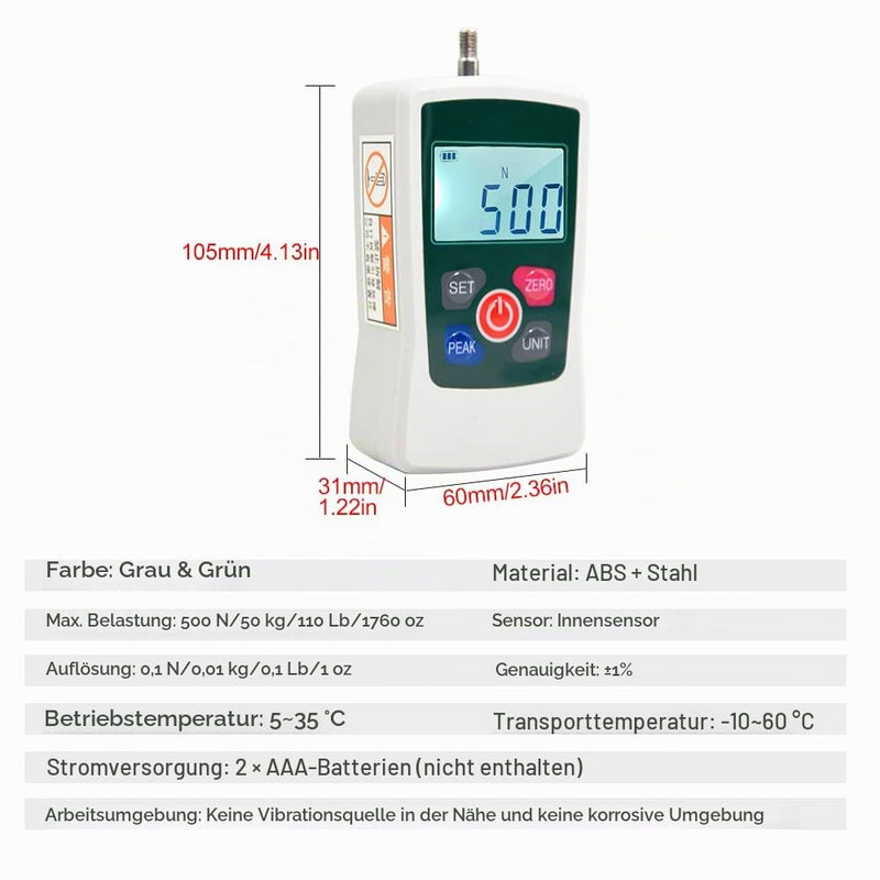 Digital Force Meter 500N/50kg/110lb/1760oz Portable Push Pull Force Meter Switchable Backlit Mini Dynamometer with 6 Light Heads Storage Case Automatic