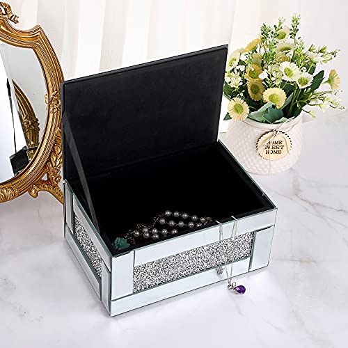 Hipiwe Glass Mirrored Jewelry Box with Crushed Diamond Decor, Trinket Organizer Box Luxury Rings Earrings Necklace Storage Keepsake Box Treasure Chest Case, Silver Large Size