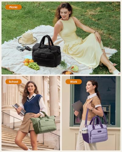 LOVEVOOK Insulated Lunch Bag Women,Puffer Lunch Cooler Box with Utensil Bag Beige Checkered-Corduroy Large - 13L