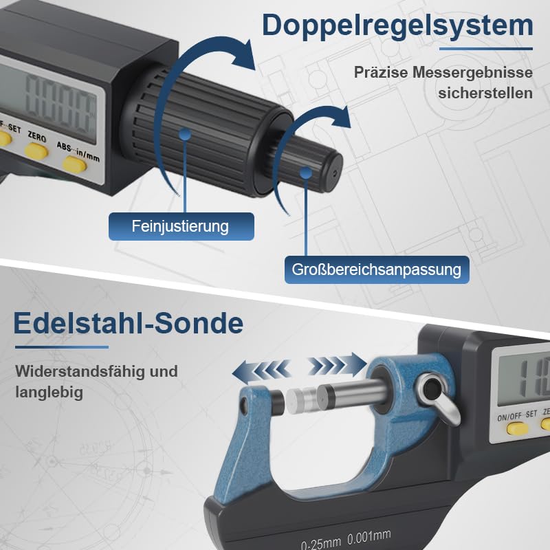 Beslands Digital Micrometer 0-1" / 0-25mm Electronic Display Gauge 0.00004" / 0.001mm Thickness Measuring Inch/Metric Diameter Caliper (with Extra Battery) 0-25 mm