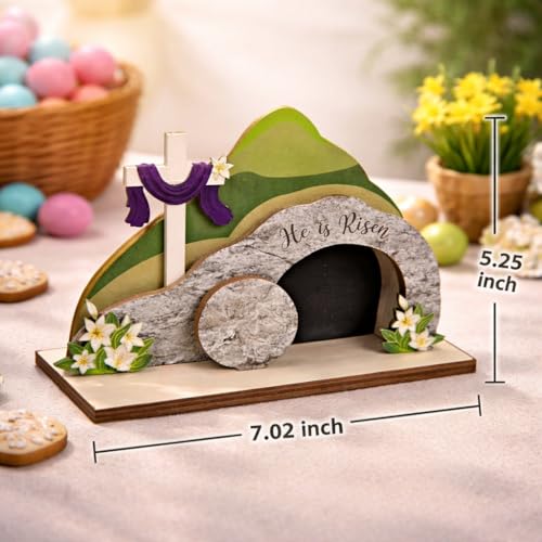 He is Risen Easter Nativity Set - Empty Tomb Decor with Stone Texture & Scripture Verse | Christian Easter Tabletop Display for Home, Church Altar | Religious Resurrection Decorations He is Risen
