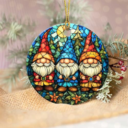 Christmas Gnome Ornament Round Ceramic Stained Glass Style Ornament Xmas Keepsake for Christmas Tree Winter Holiday Xmas Gift for Women Men Xmas Hanging Ornament 3" Christmas Gnome #H039