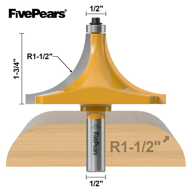 [Australia - AusPower] - FivePears 1-1/2" Radius Roundover Router Bit 1/2 Inch Shank, Round Over Router Bit for Edging Forming Rounding. 1-1/2" Radius - 1/2" Shank 1/2" Shank-Y 