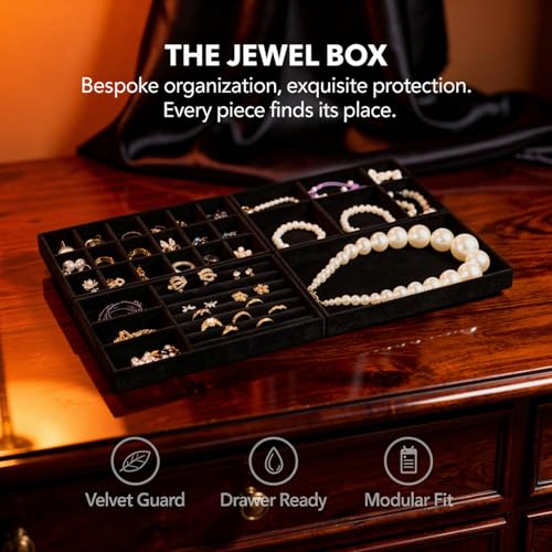 8 Pcs Jewelry Drawer Organizers, Velvet Jewelry Trays for Drawer, Stackable Jewelry Trays, Ideal for Rings, Earrings, Bracelets, Necklaces, Black
