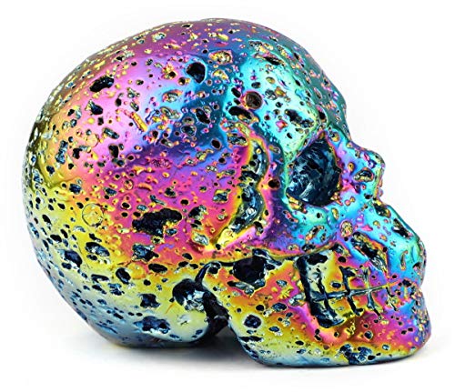 Skullis 2.0" Rainbow Aura Hot Lava Stone Crystal Skull, Hand Carved Gemstone Fine Art Sculpture, Reiki Healing Stone Statue.