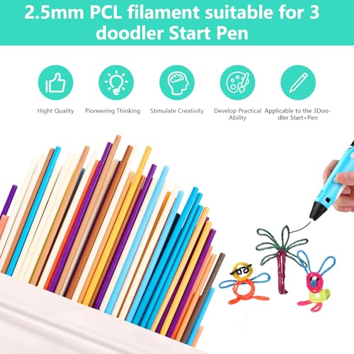 Pack of 300 3D Pen Filament for 3Doodlers Start Pen, 20 Colours 2.5 mm PCL Low Printing Temperature 3D Printing Pen Refill Pack, Low Temperature Refills Compatible with 3Doodler Start+ P