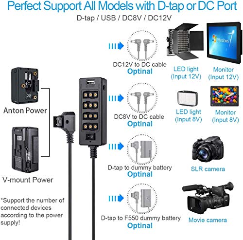 Alvin's Cables D-tap Splitter Cable with Power Switch Male DTap to 4 Female D Tap 2 DC USB for V-Mount Battery for ARRI/RED Camera LCD Monitor LED Video Light Bidirectional Pluggable