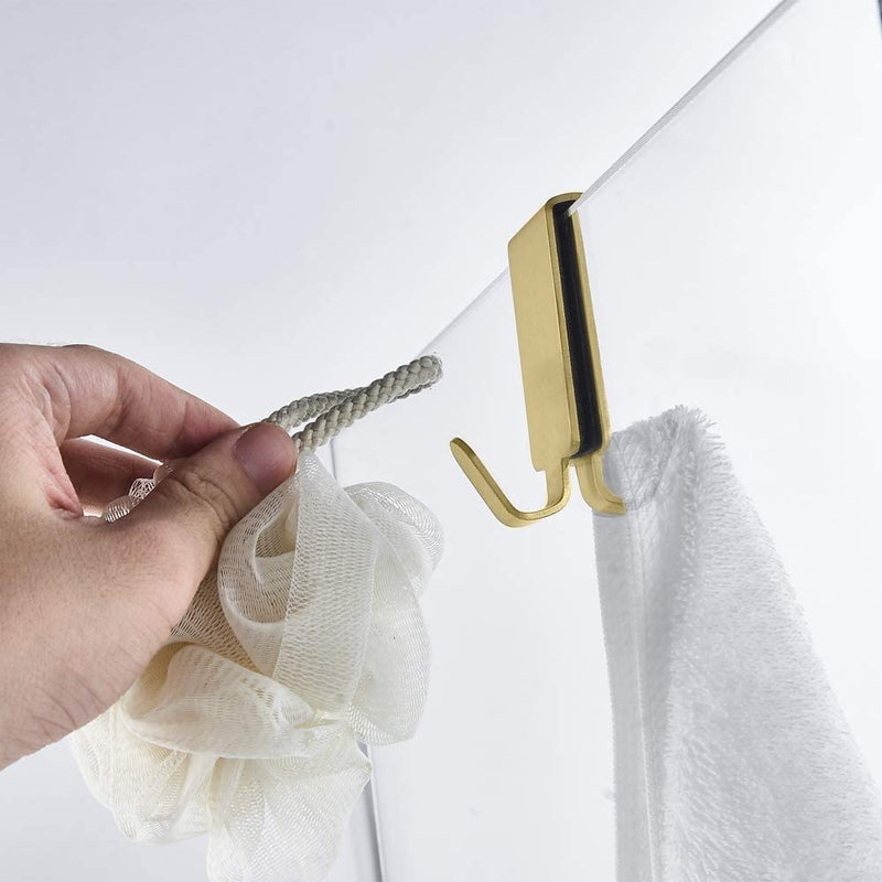 Double Hooks for Glass Shower Door, Towel Hooks Over The Bathroom Glass Wall 0.31-0.39in, Stainless Steel, Gold 4 Pack
