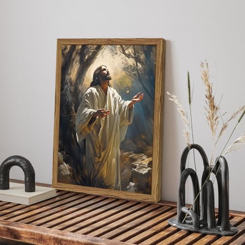 Framed Christian Jesus Canvas Wall Art, Jesus Praying Wall Decor Paintings, God Light Pictures Prints Religious Home Decor for Living Room Bedroom Church Prayer Room 12x16 inch Framed 16"L x 12"W