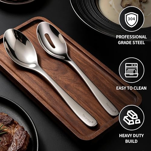 Silvery Serving Spoons Set, 2 Pieces Stainless Steel Slotted & Solid Serving Spoons, Mirror Polished Silvery Plated Serving Utensils for Buffet, Catering, Party, Wedding, Dishwasher Safe