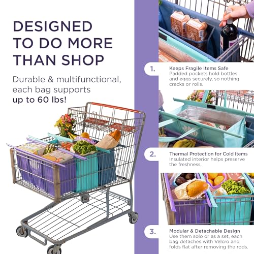 Lotus Club Cart Trolley Reusable Shopping Bags (3-Pack)– Detachable & Reusable Grocery Bags Foldable w/ Insulated Grocery Bag & Egg/Wine Holder– Washable Shopping Totes for Easy Storage & to Save Time