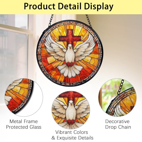 TNUW Christian Cross Bird Stained Glass Window Hanging, Cross Pigeon Bird Sun Catchers Indoor Window Glass Round Wall Art Decor, Religious Christian Wall Hanging Decorations, 7.9＂x7.9＂