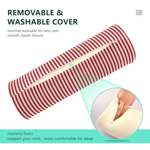 Red White Stripes Neck Roll Pillow - Extra Dense Memory Foam Round Cylinder Bolster for Cervical Support, Spondylosis, Neck Pain Relief Red Stripes