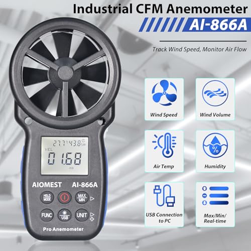 Anemometer Digital Air Flow Meter m³/h, AIOMEST Wind Meter AI-866A for Wind Speed, Volume Flow, Temperature, Humidity, with USB PC Sync for Air Conditioning RLT System, Ventilation System