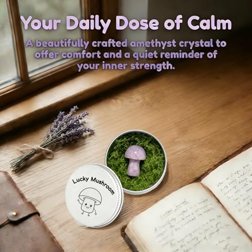 Amethyst Crystal Mushroom in Tin Box, Emotional Support Mushroom,Healing Crystal Gifts for Women, M-ushroom Trinkets & Gifts, Spiritual G-ift Set with Positive Affirmation