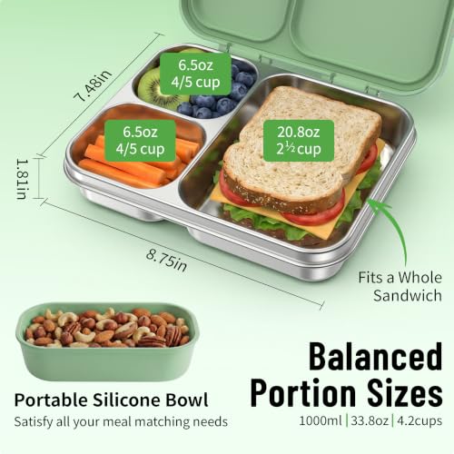 LOHASOK Stainless Steel Lunch Box, 34oz/1000ml, Green