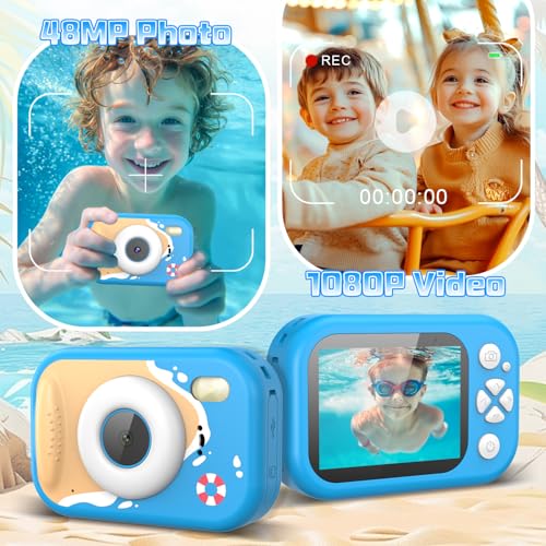 Kids Camera Waterproof, IP68 Underwater Camera for Kids Aged 3-12, HD Kids Digital Camera with 1080P Video Recording, Durable ABS Material, Pool Toys for Boys Girls with 32GB Card(Blue) Blue