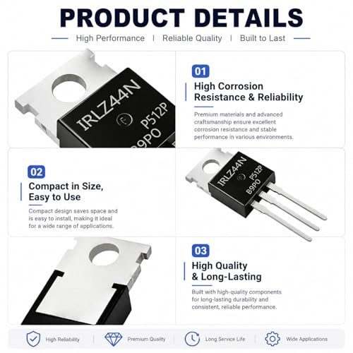 IRLZ44N N-Channel MOSFET Transistor 55V 47A 3-Pin IRLZ44N MOSFET TO-220 Module for Switching PWM DIY Electronics High Performance MOSFET Set for Power Supplies and Motor Controls Pack of 10