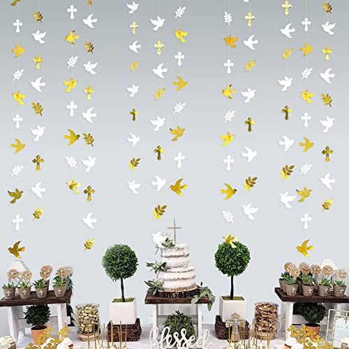 40Ft Gold and White Peace Doves Olive Leaf Cross Paper Garland Streamer for Spring Wedding Bridal Shower Birthday Engagement First Holy Communion Religious Christian Baptism Tea Party Decorations Gold Dove