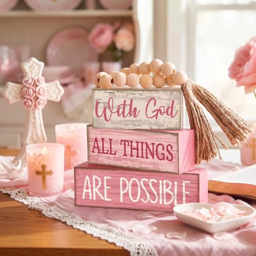 Lineshading 4 Pcs Christian Table Decor Pink God All Things are Possible with God All Things Are Possible