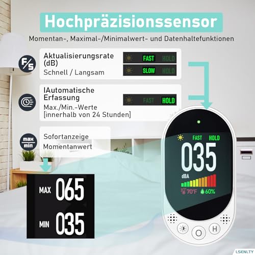 LSENLTY Decibel Meter, Decibel Meter for Wall Socket, Sound Level Meter with Data Hold, Max/Min Display, Fast/Slow Response Time, Temperature & Humidity Measurement, Pack of 1
