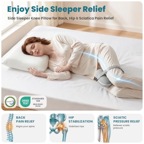 Leg & Knee Pillow for Side Sleepers - Smooth Spine Alignment Pillow - Memory Foam Knee Pillows for Back Hip Pain, Spine Aligning, Sciatica, Surgery Recovery, Pregnancy Light Grey-regular