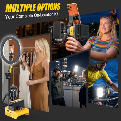 Camera Flash Speedlite Mount Swivel Light Stand Bracket,USB-C/USB-A Adapter for Camera Lighting Compatible with DeWALT 20V Max Battery,Mounts on Tripod Stand, Portable & Professional Power Solution